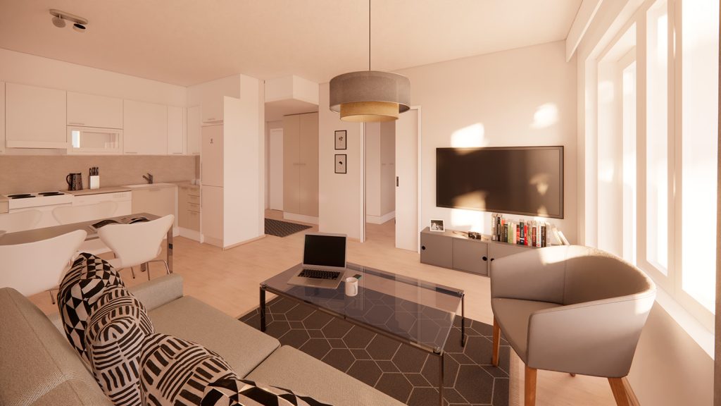 Pronssikartanon olohuoneen havainnekuva